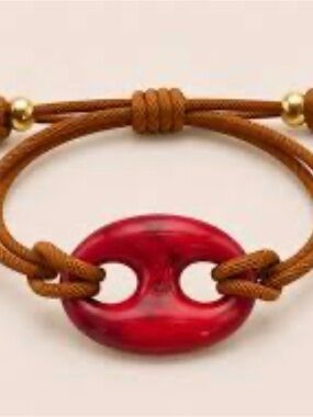 Source Unknown Red Oval Cord Bracelet with Brown Cord